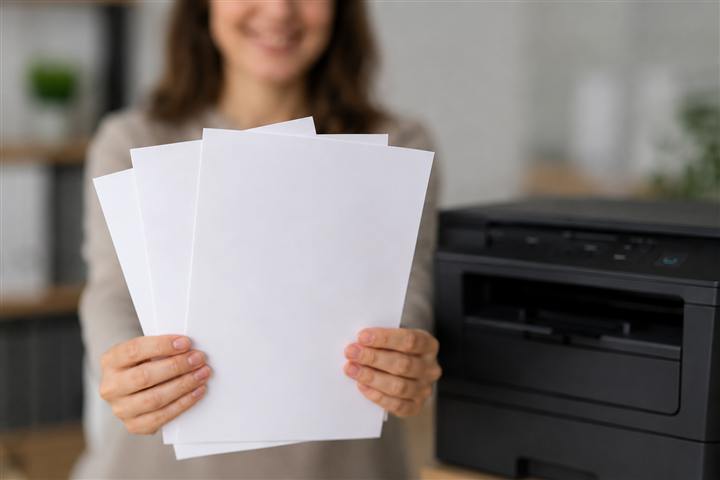 Des mains tenant quelques feuilles propres devant une imprimante